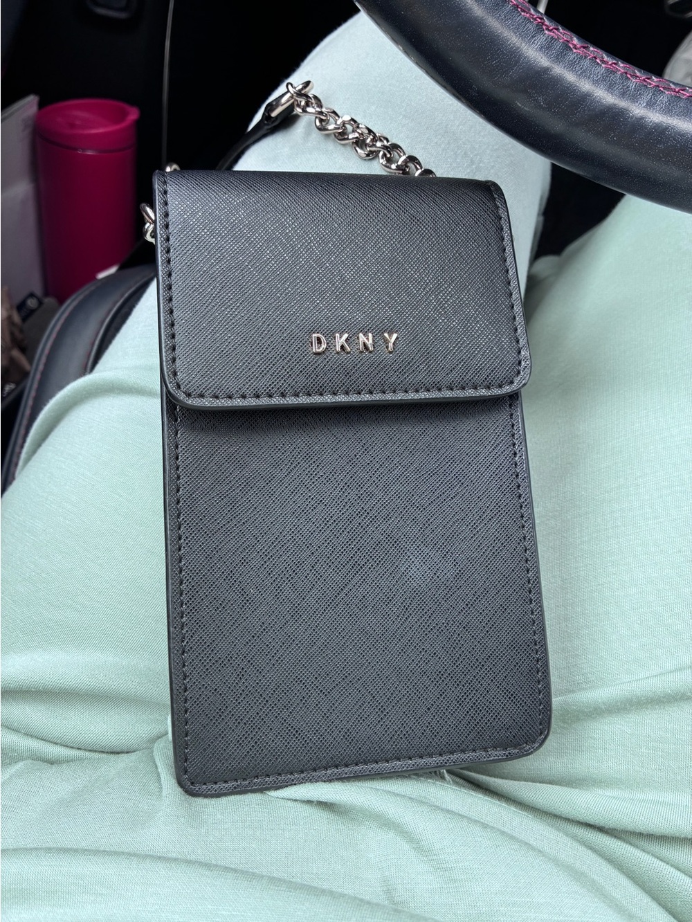 DKNY Black Saffiano Mini Crossbody Phone Bag with Chain Strap